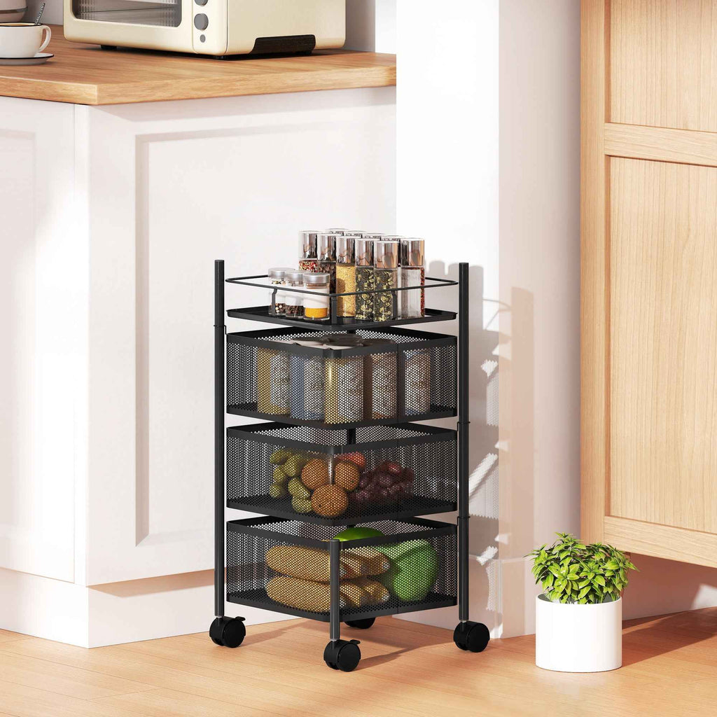HOMCOM 3-Tier Kitchen Cart with Rotating Metal Baskets, Wheels and Brake, 27.5 x 27.5 x 62 cm, Black