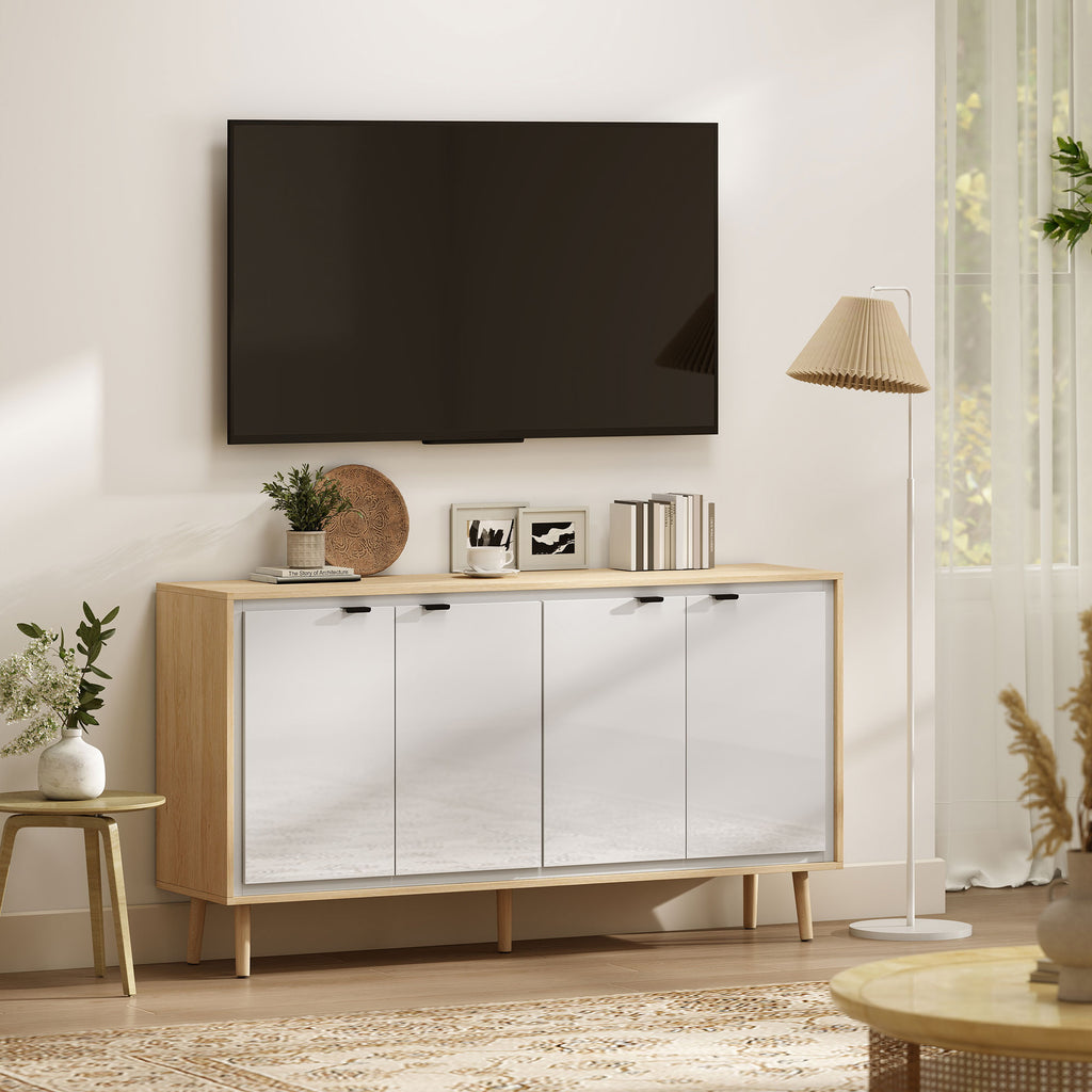 Modern 4-Door Sideboard with Adjustable Shelf, 141x35x77 cm, Gloss White and Oak