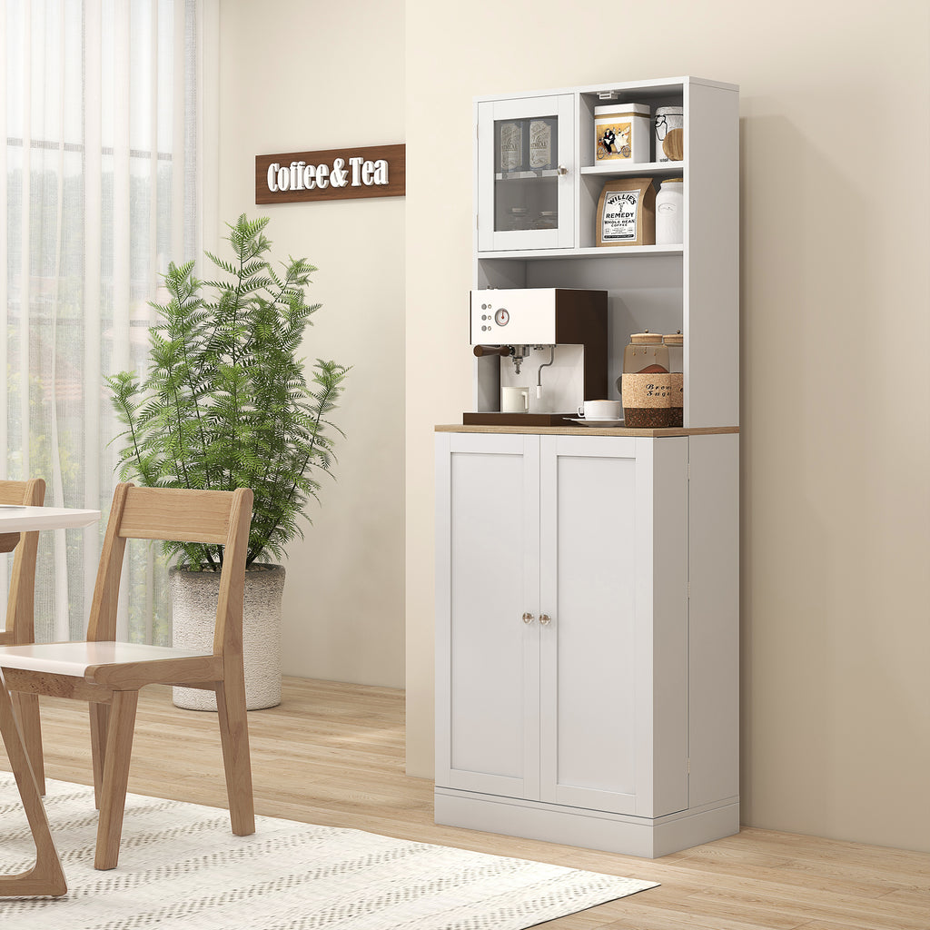 Kitchen Pantry Microwave Stand with Open Shelves and Cabinet with Spice Rack, 60x35x169 cm, White