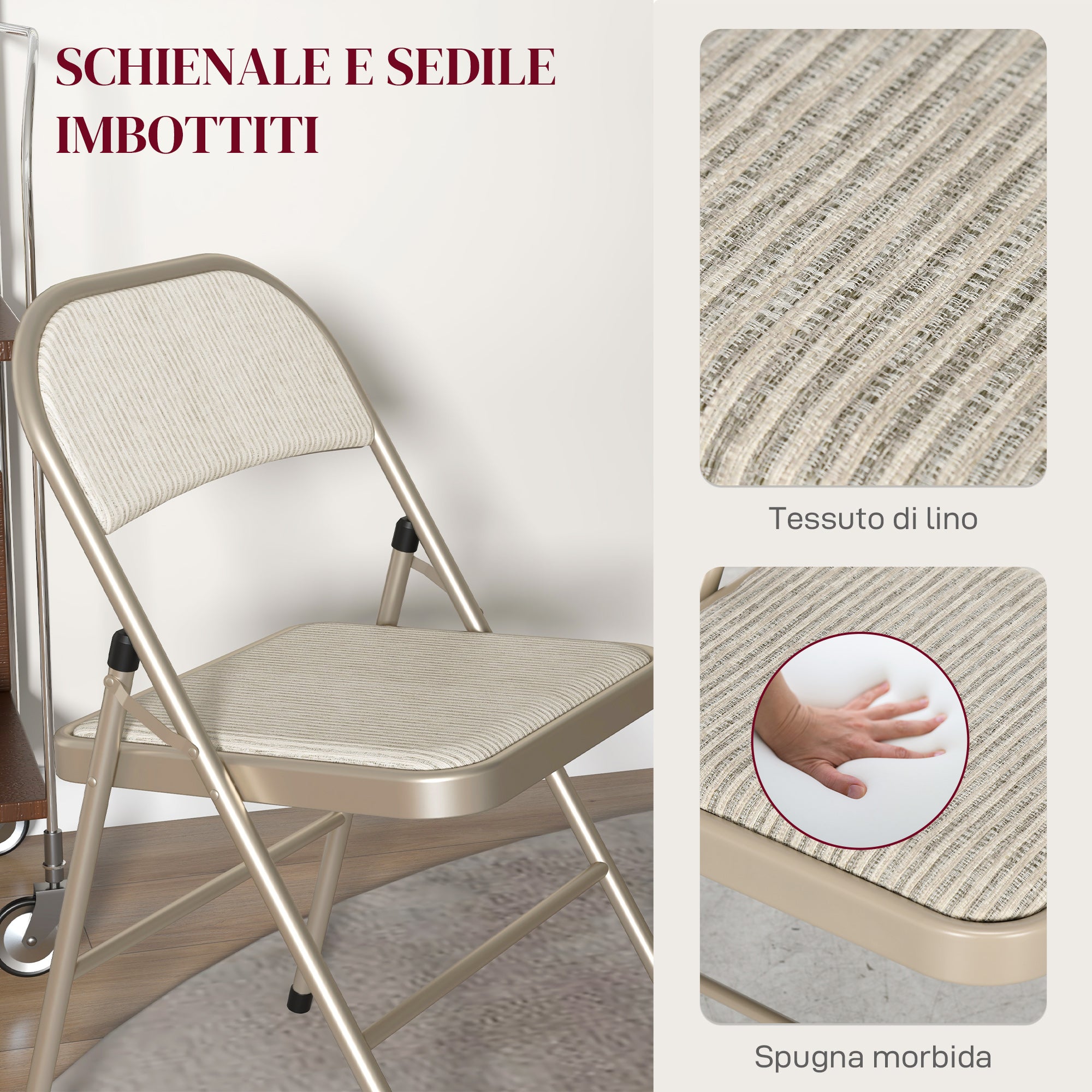 Set of 6 Modern Folding Chairs in Steel and Polyester, 45x46x78 cm, Beige