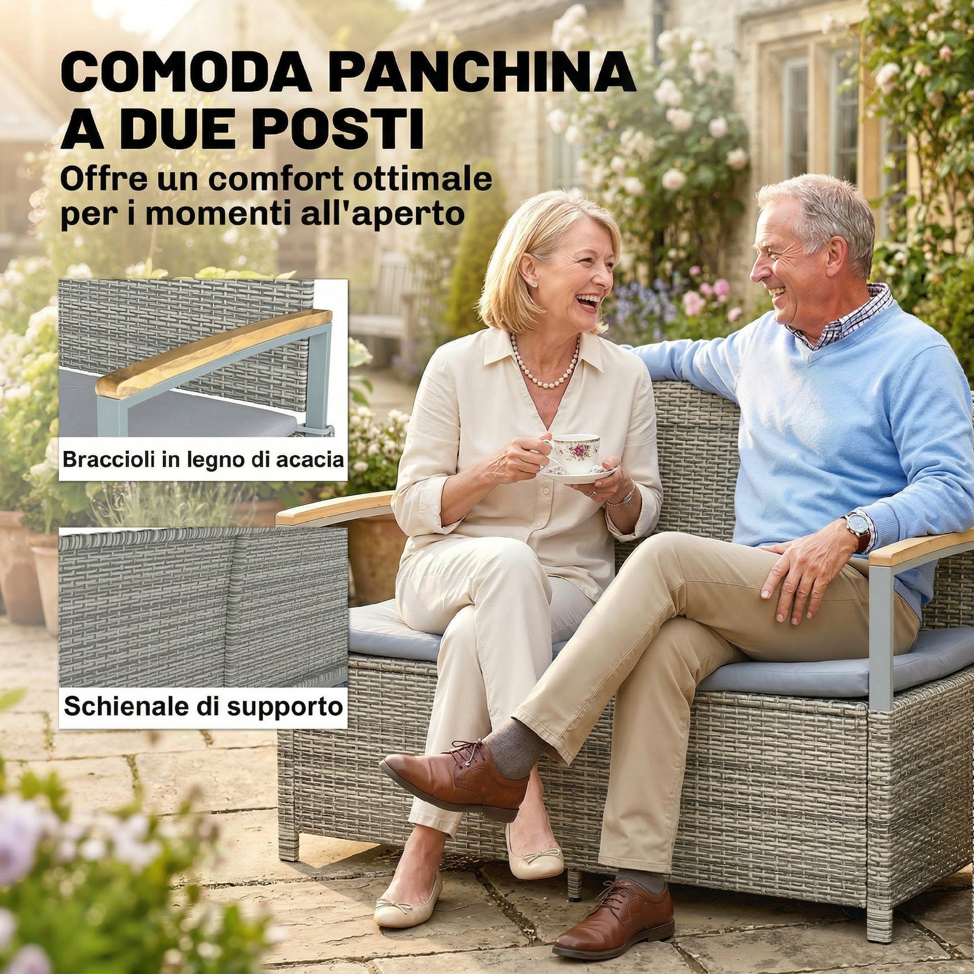 Outsunny 170L Garden Bench, 2 Seater Rattan with Cushion, Light Grey
