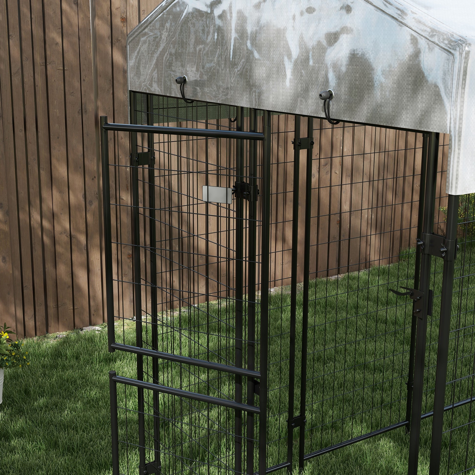 Pawhut Outdoor dog fence with roof and leads to 2 metal sections, 239x121x183cm, silver - Borgè