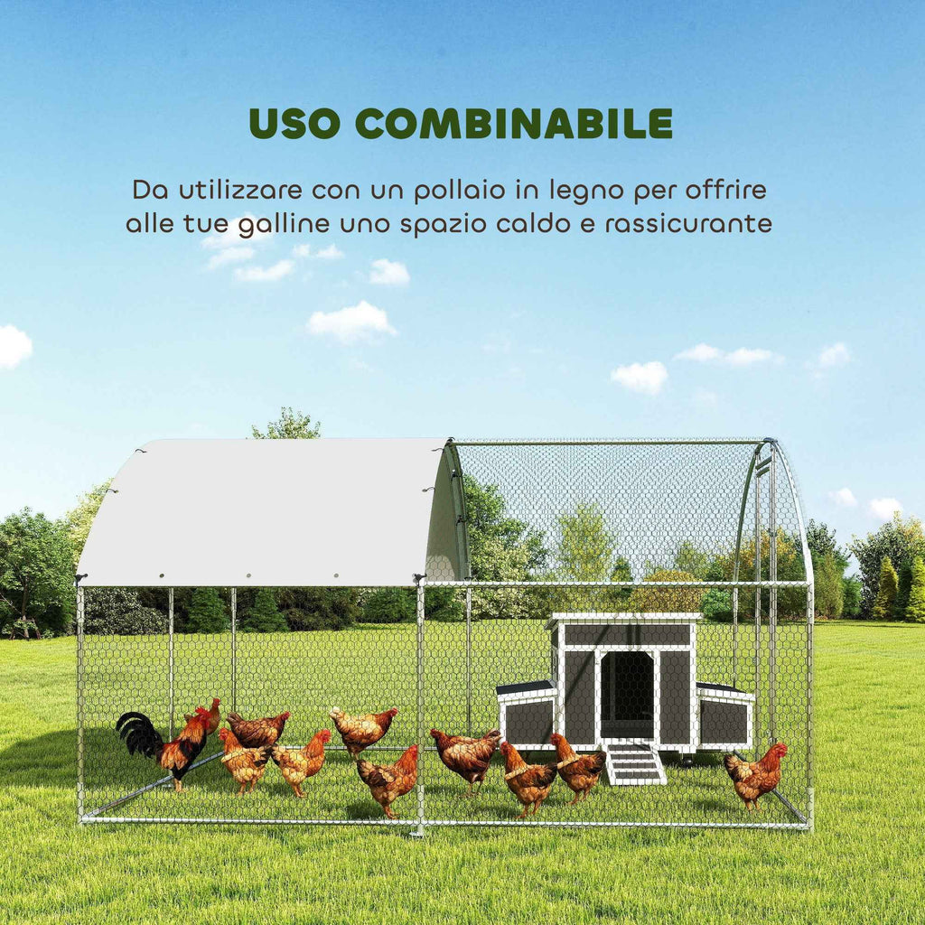 PawHut Outdoor Chicken Coop with Waterproof Roof and Lock, Galvanized Steel, 2.8 x 3.4 x 1.9 m, Silver