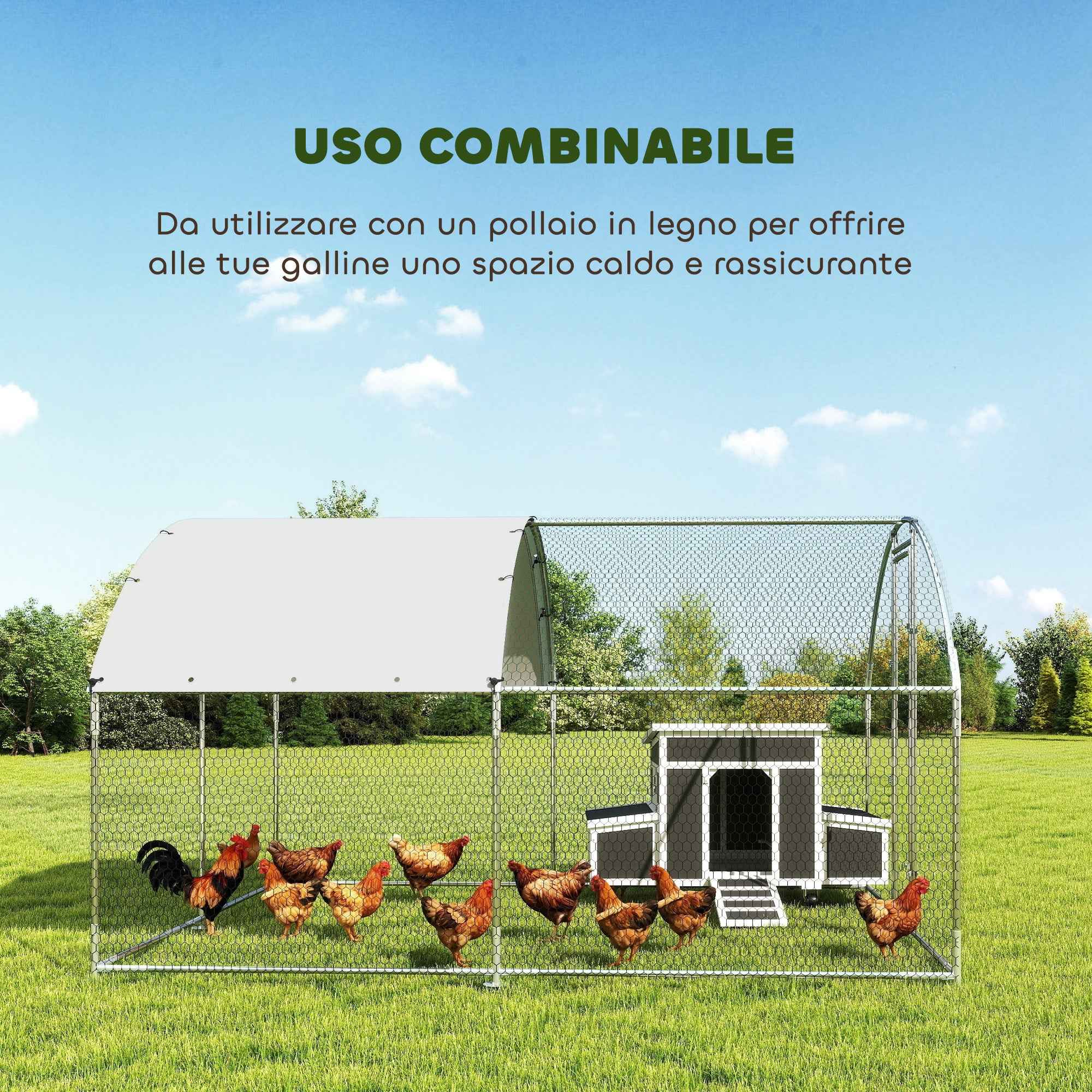 PawHut Outdoor Chicken Coop with Waterproof Roof and Lock, Galvanized Steel, 2.8 x 3.4 x 1.9 m, Silver