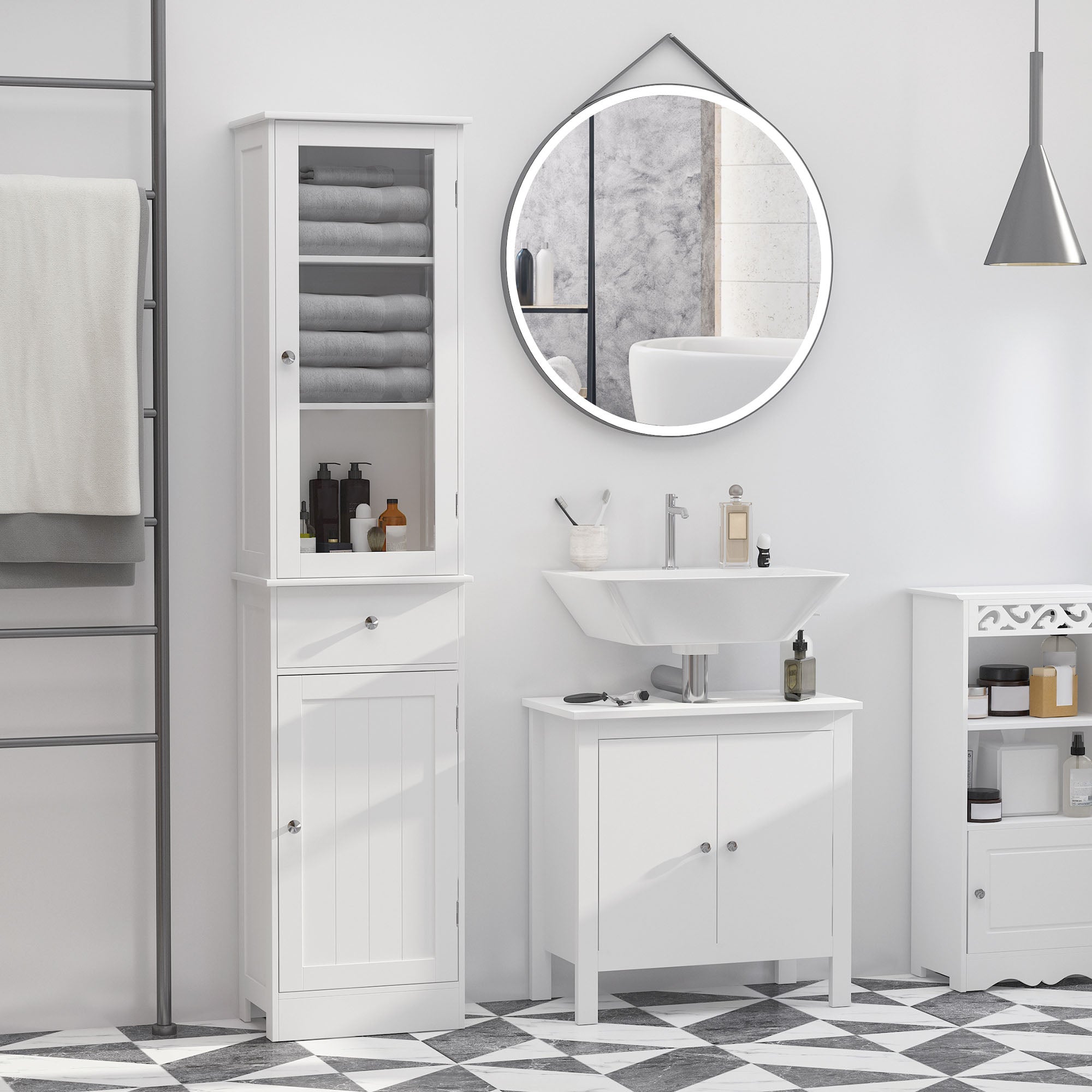 Kleankin Mobile Column Bathroom Space With Cardboard, Drawer and MDF shelves, 40x27x171.5cm, White - Borgè