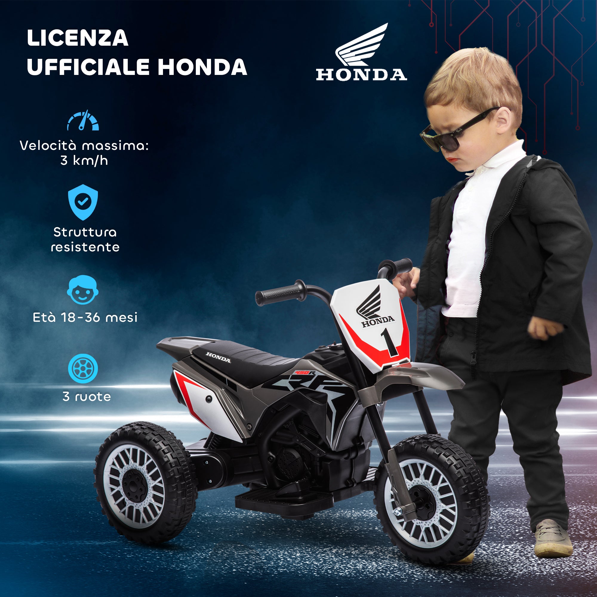 Honda CRF450RL Licensed 3-Wheeled Electric Dirt Bike for Kids with Horn, 71x40.5x43.5 cm, Grey