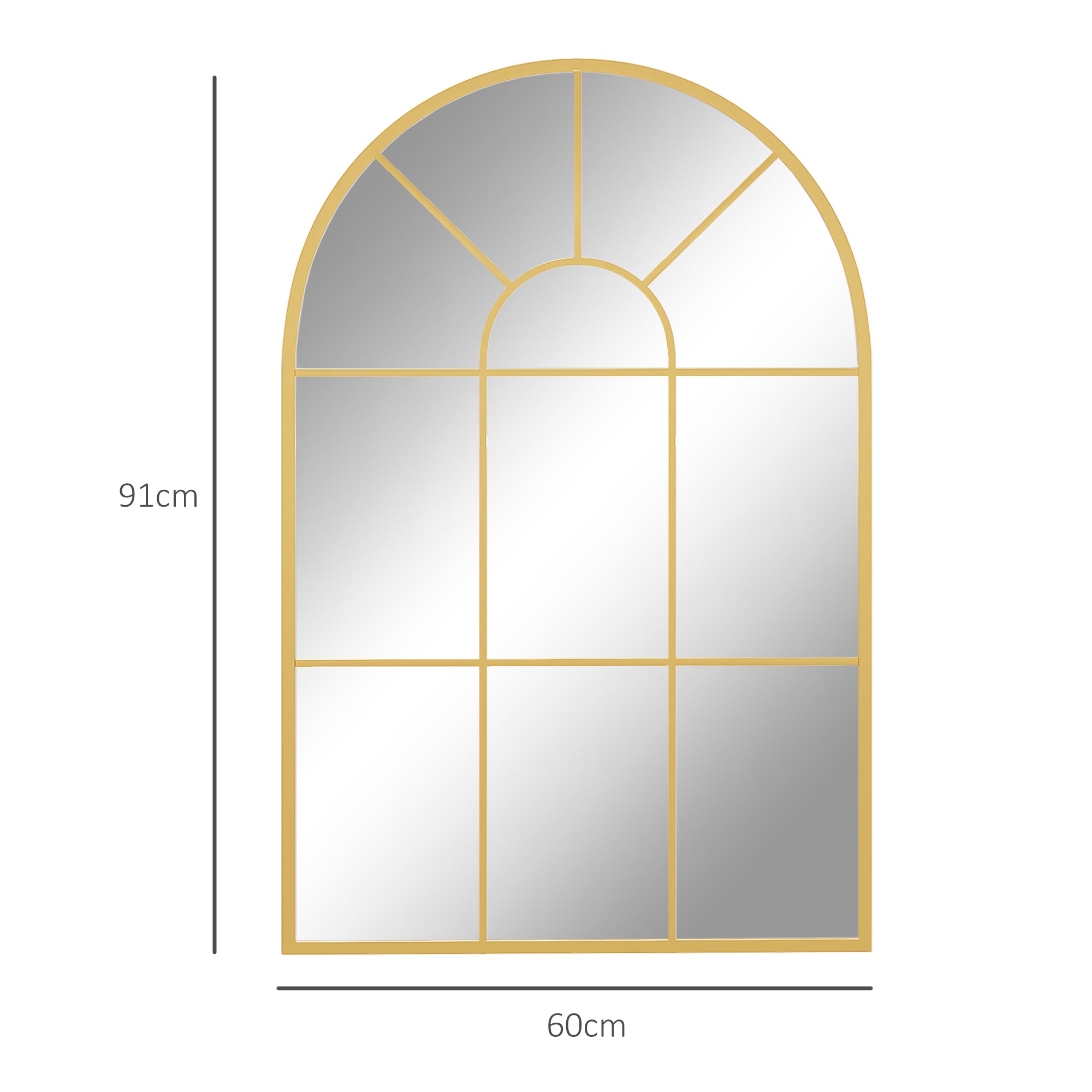 Arched Wall Mirror in Glass and Gold Metal with a Modern Style, 91x2x60 cm