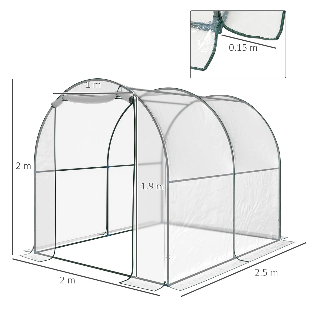 Outsunny Garden Tunnel Greenhouse, Balcony Greenhouse for Plants and Vegetables with PVC Cover, Roller Door and Steel Frame, 2x2.5x2m