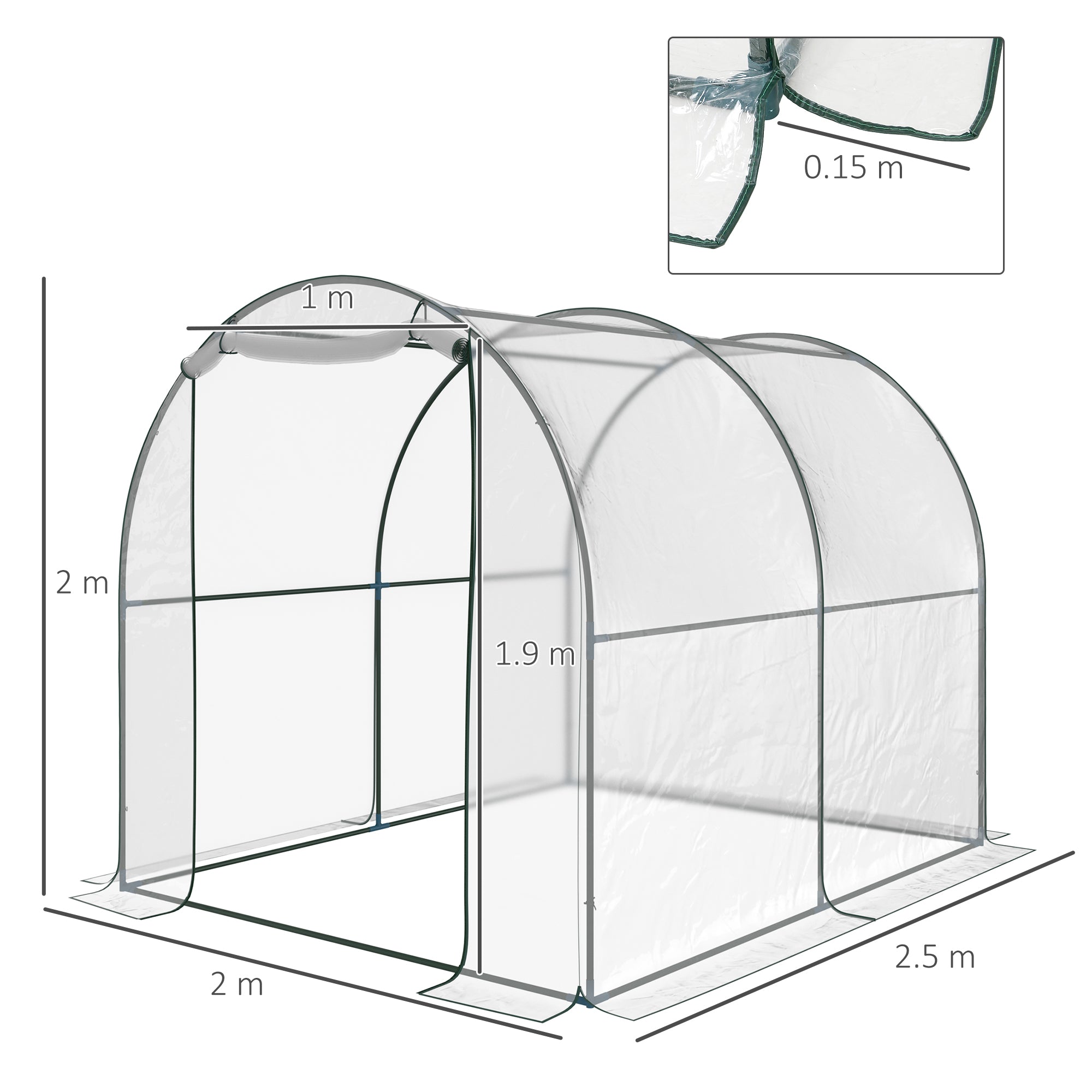 Outsunny Garden Tunnel Greenhouse, Balcony Greenhouse for Plants and Vegetables with PVC Cover, Roller Door and Steel Frame, 2x2.5x2m