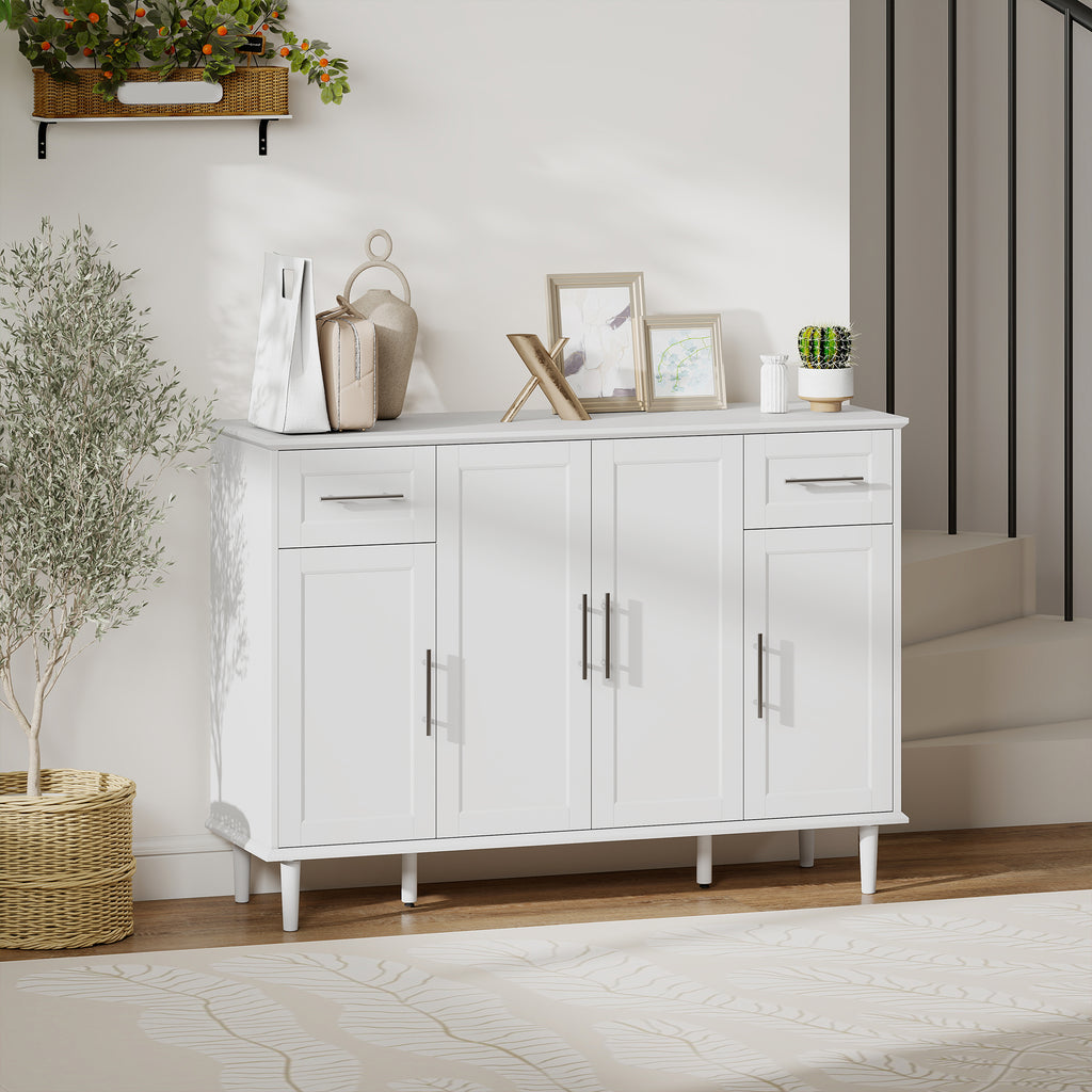 Elegant Buffet Sideboard with 2 Drawers and 3 Cabinets with Adjustable Shelves, Wooden, 120x38x86 cm, White