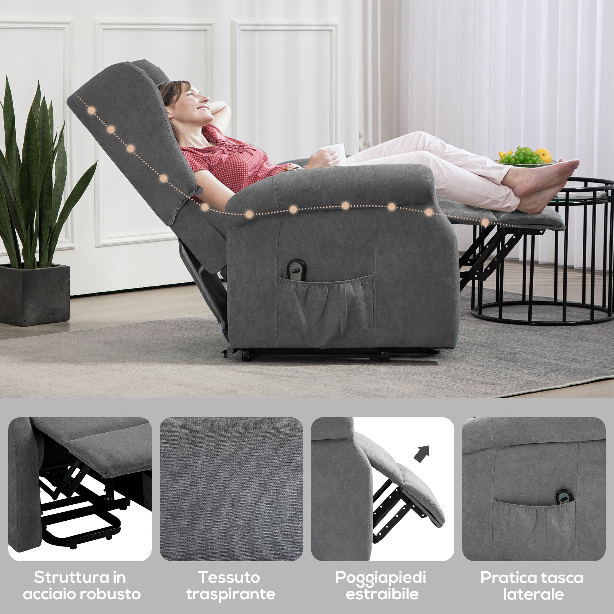 Reclining Chair Lift with Remote Control, in Linen Effect Fabric, 74x94x111 cm, Dark Grey