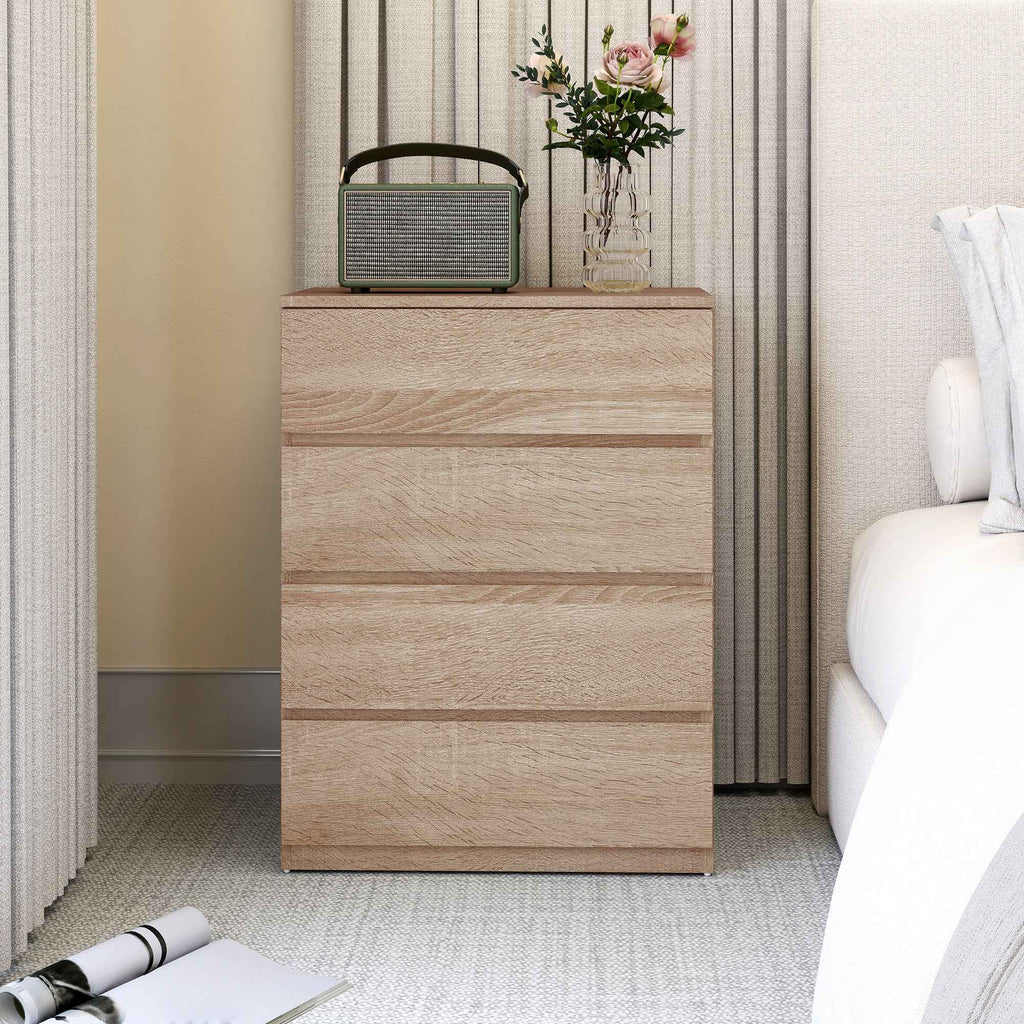 HOMCOM 4-Drawer Wooden Chest of Drawers with Metal Rails and Grooved Handles, 60x40x80 cm, Beech Color