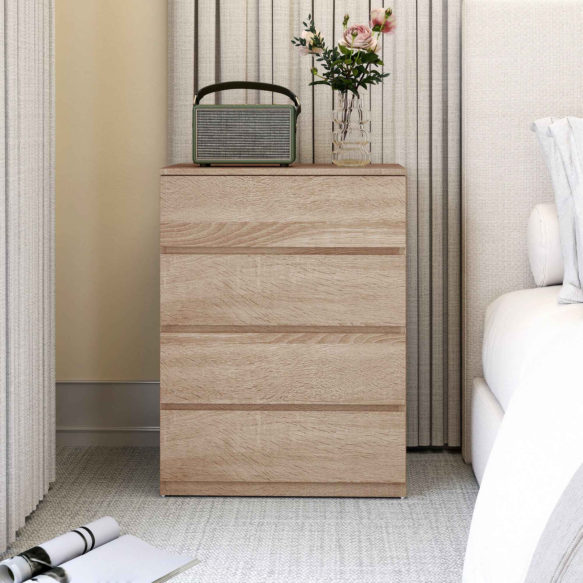 HOMCOM 4-Drawer Wooden Chest of Drawers with Metal Rails and Grooved Handles, 60x40x80 cm, Beech Color