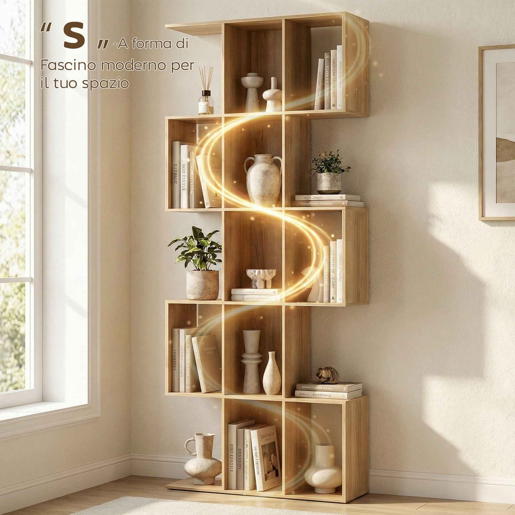 5-Tier S-Shaped Bookcase with 15 Shelves, Wooden, 80x24x200 cm, Oak Color
