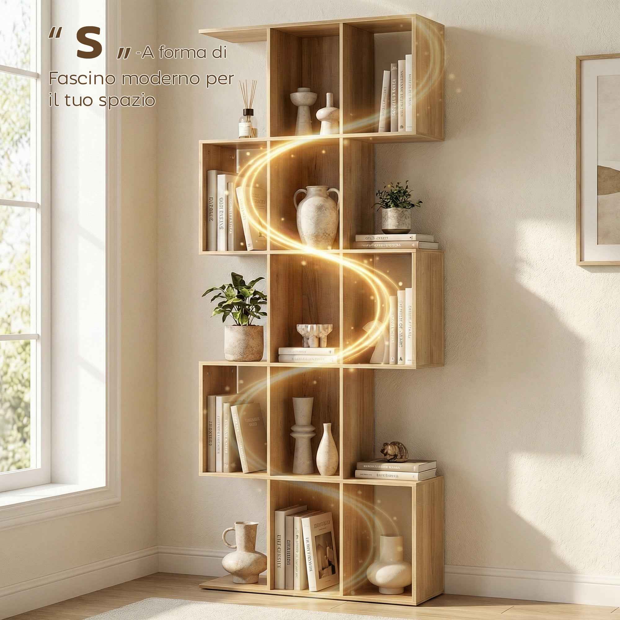 5-Tier S-Shaped Bookcase with 15 Shelves, Wooden, 80x24x200 cm, Oak Color