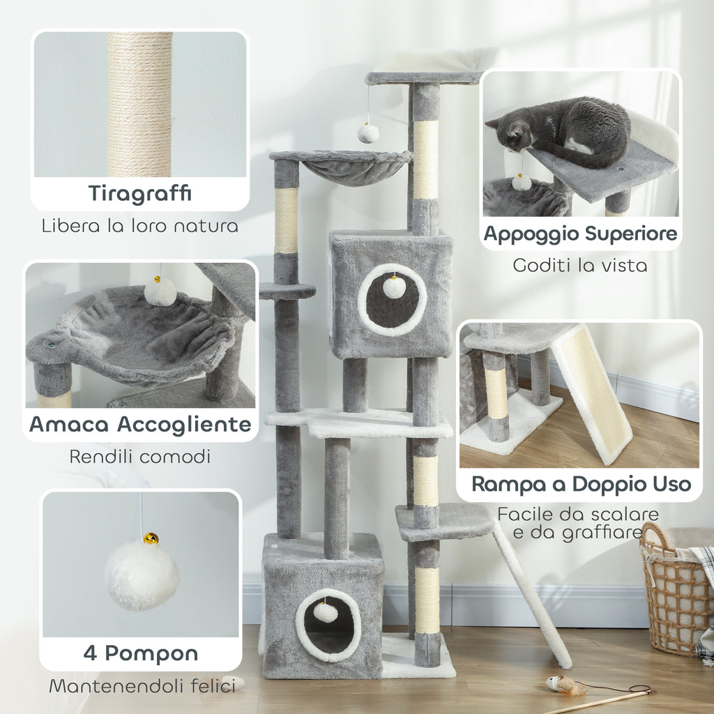 Cat Tree with 2 Cat Houses, Ramp, Perches and 4 Balls, 48x40x165 cm, Grey and White