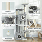 Cat Tree with 2 Cat Houses, Ramp, Perches and 4 Balls, 48x40x165 cm, Grey and White