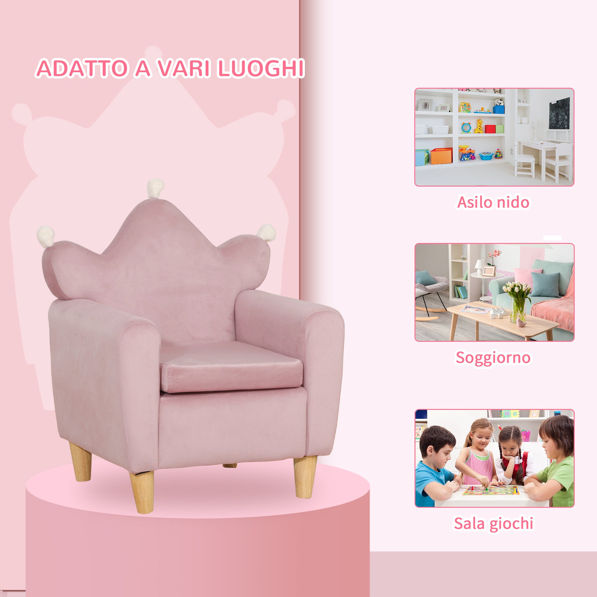 Pink Velvet Fabric Children's Armchair with Crown Backrest, 50.2 x 41.9 x 57.8 cm