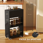 Kitchen Cart with 2 Open Shelves, Drawer and Rails, Wood and Stainless Steel, 25x50x85 cm, Black
