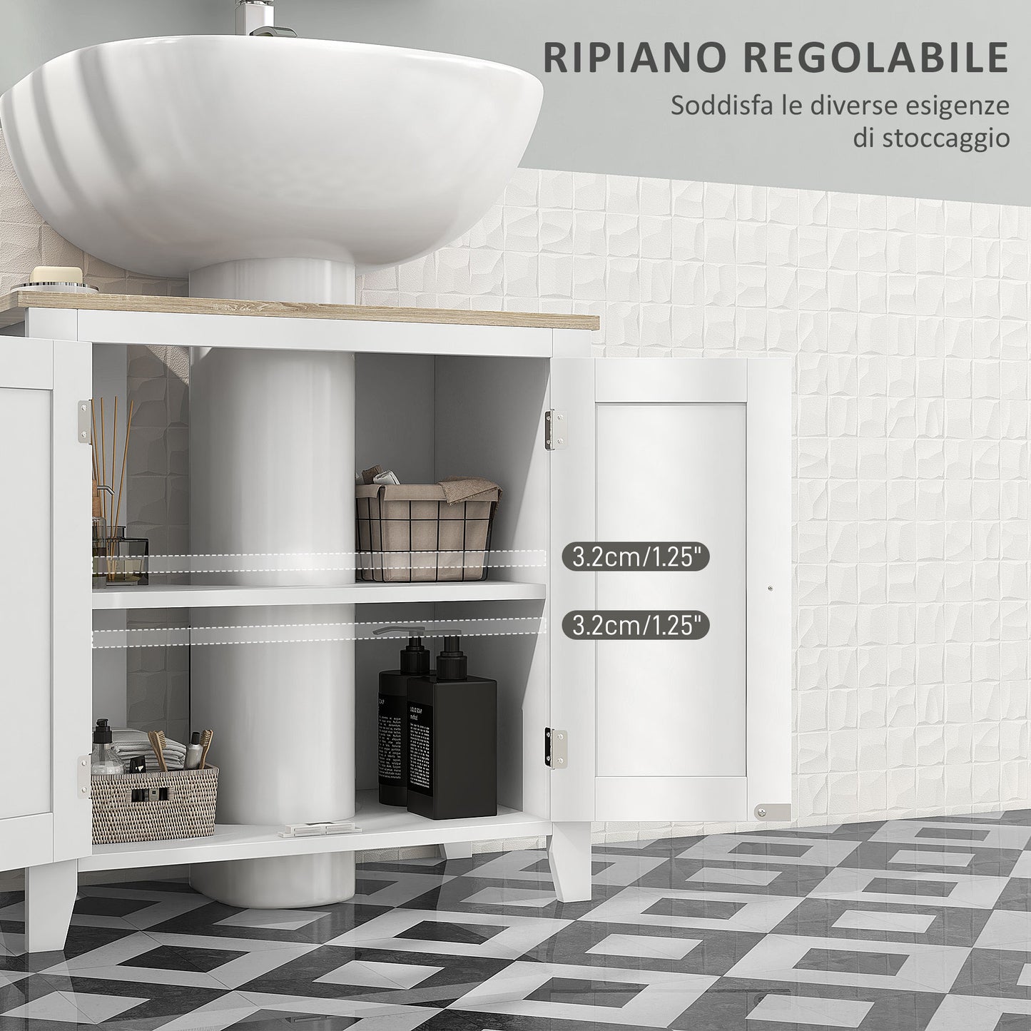 kleankin U-shaped bathroom vanity unit with adjustable internal shelf, in MDF, 60x30x60 cm, white and wood color