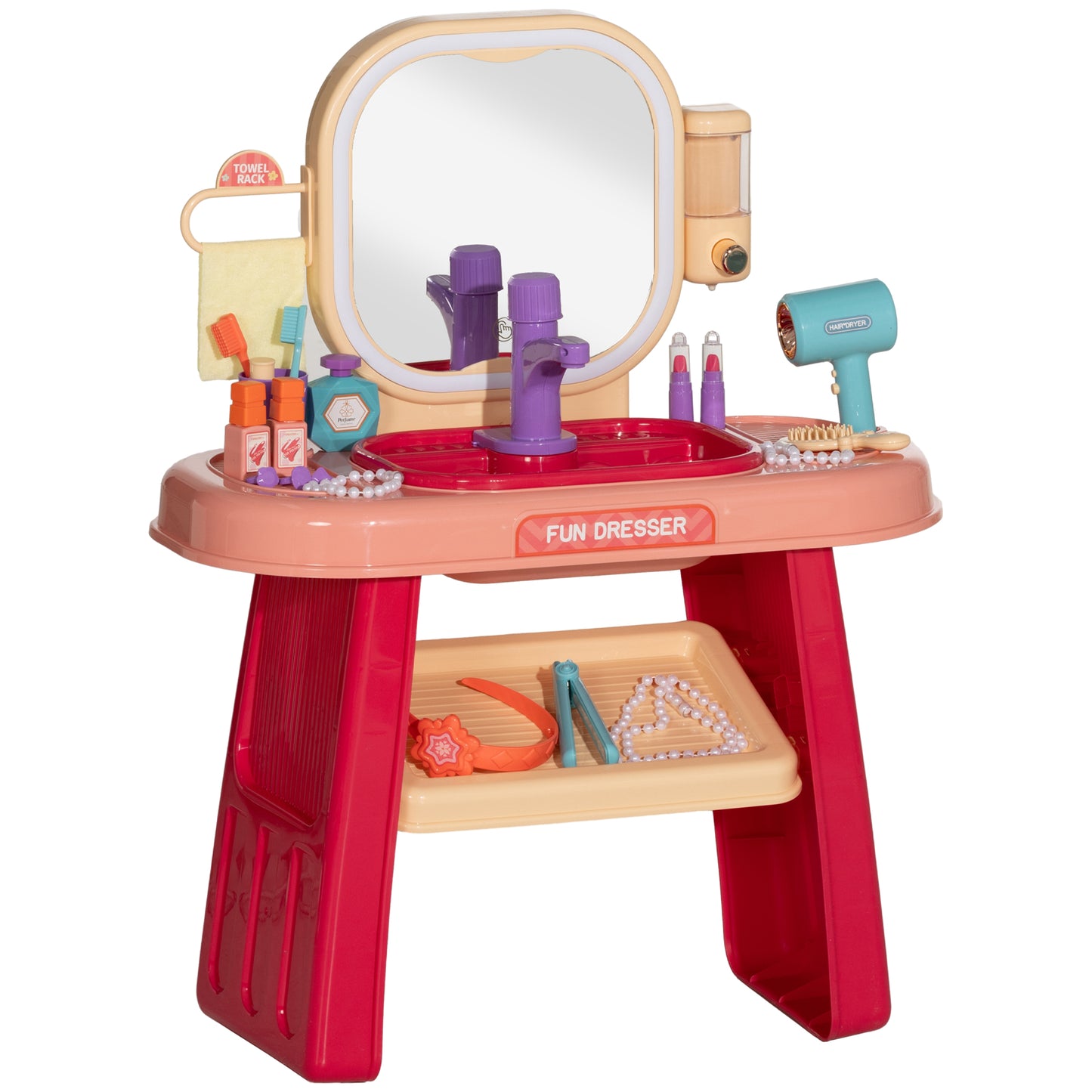 Dressing Table for Girls 3-6 Years with Acrylic Mirror and Faucet, PP and GPPS, 55x29x71 cm, Pink