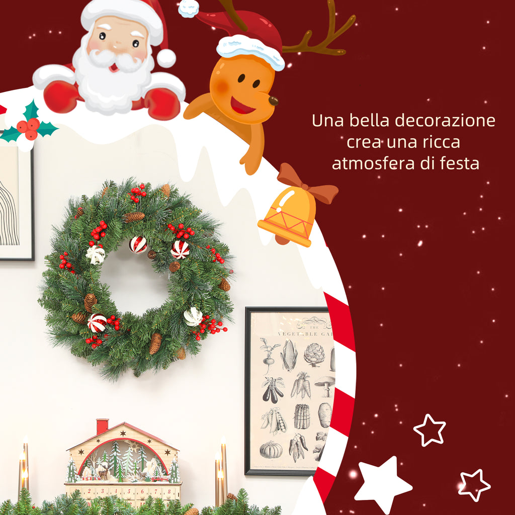 60cm Christmas Wreath with 146 Snow-Covered Branches, Pine Cones, Berries and Baubles, Green