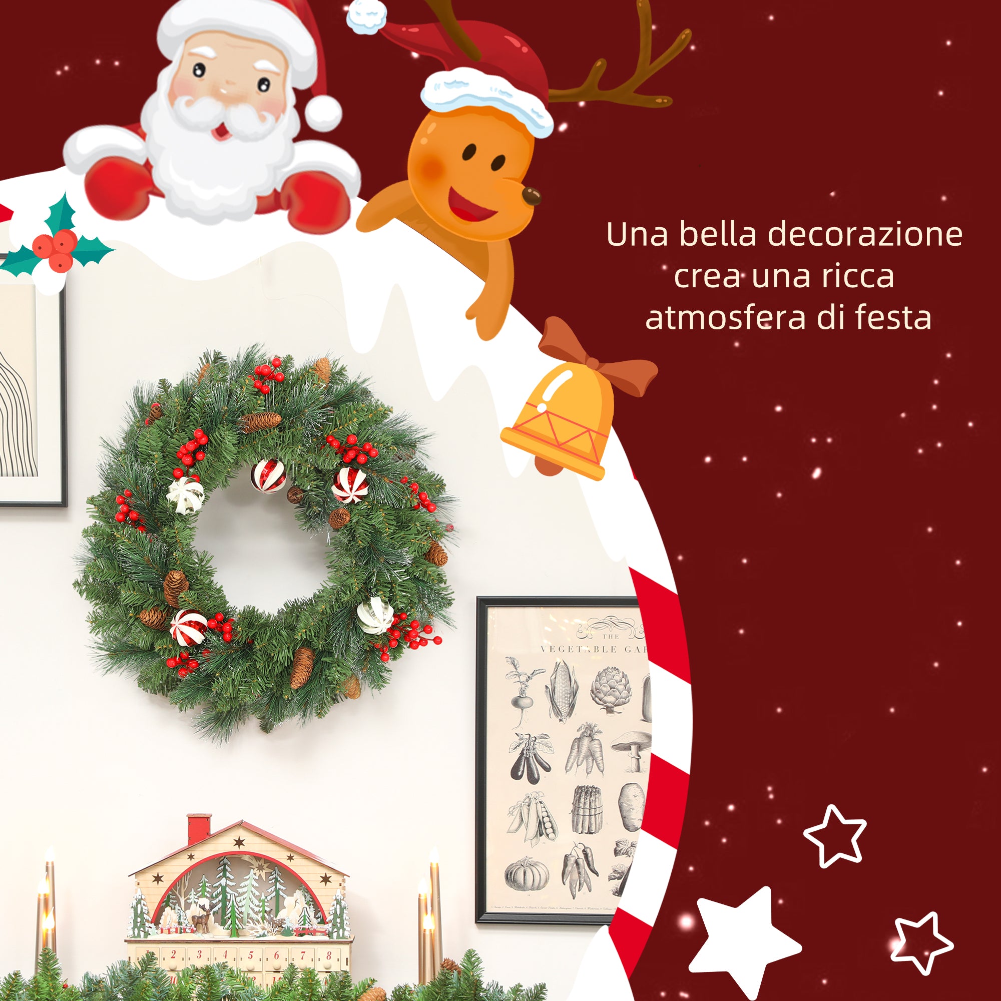 60cm Christmas Wreath with 146 Snow-Covered Branches, Pine Cones, Berries and Baubles, Green