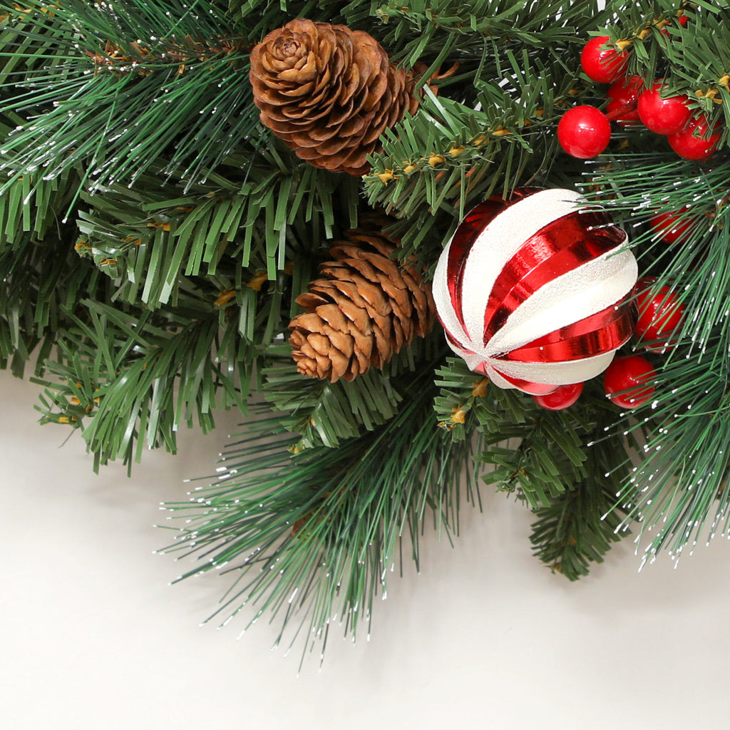 60cm Christmas Wreath with 146 Snow-Covered Branches, Pine Cones, Berries and Baubles, Green