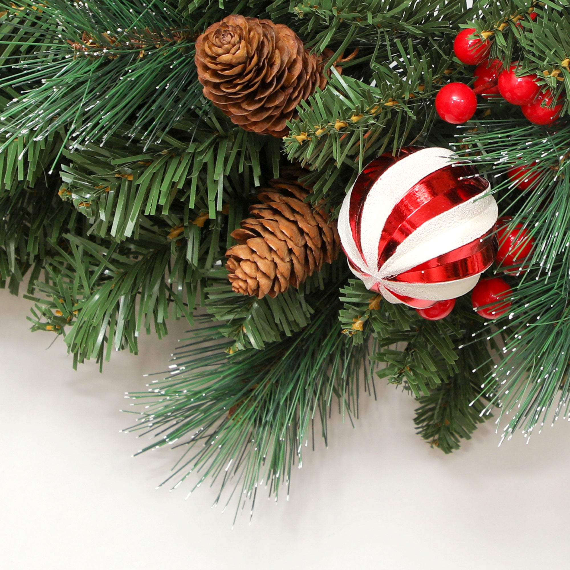 60cm Christmas Wreath with 146 Snow-Covered Branches, Pine Cones, Berries and Baubles, Green