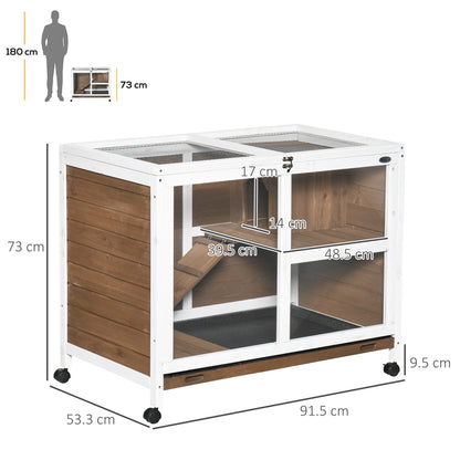 2-Level Rabbit Hutch with House, Ramp and Removable Tray, Fir Wood, 91.5x53. 3x73 cm, Brown