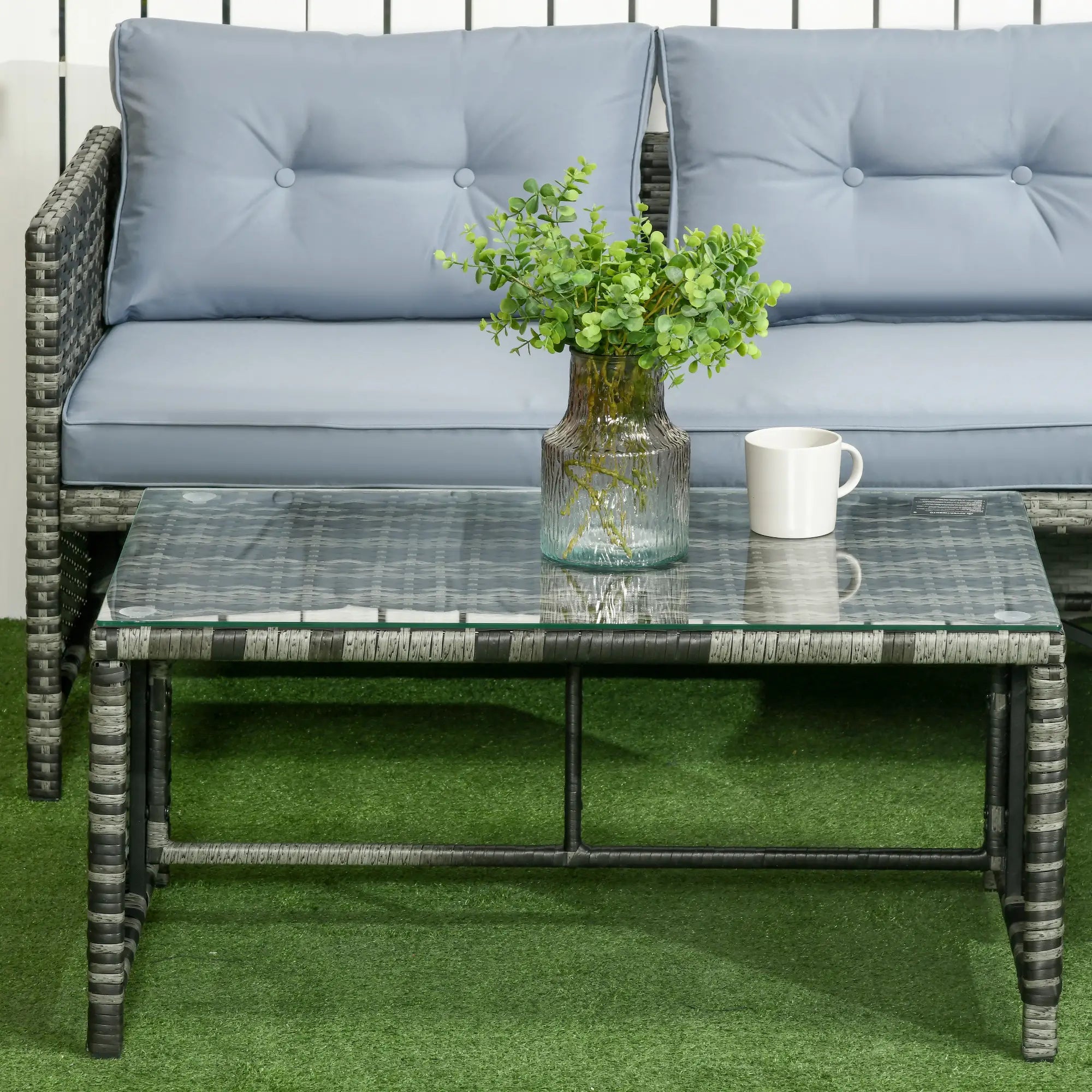 Garden Lounge Set with Sofa, Chaise Longue and Coffee Table in PE Rattan with Cushions, Grey - Borge' Group Limited