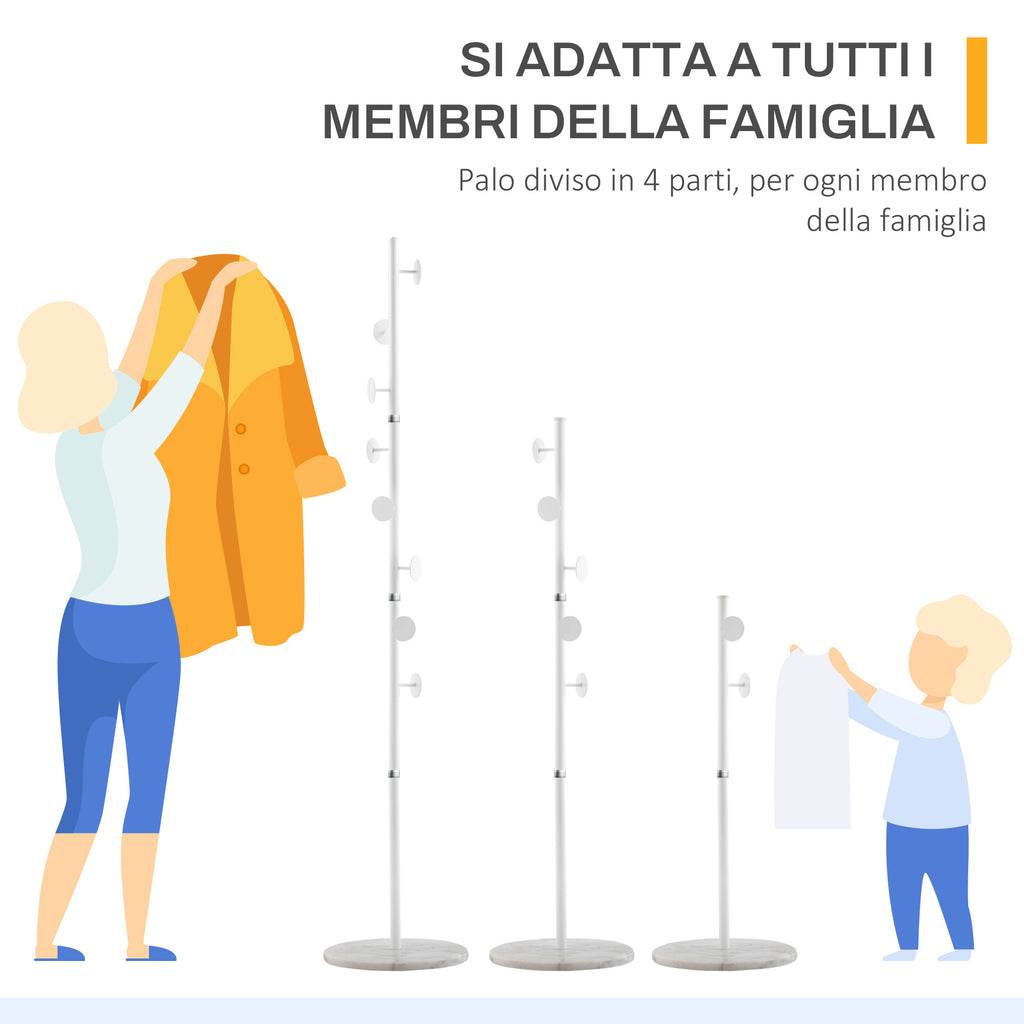 Steel Coat Tree with 8 Hooks and Round Marble Base, 35x35x170 cm, White