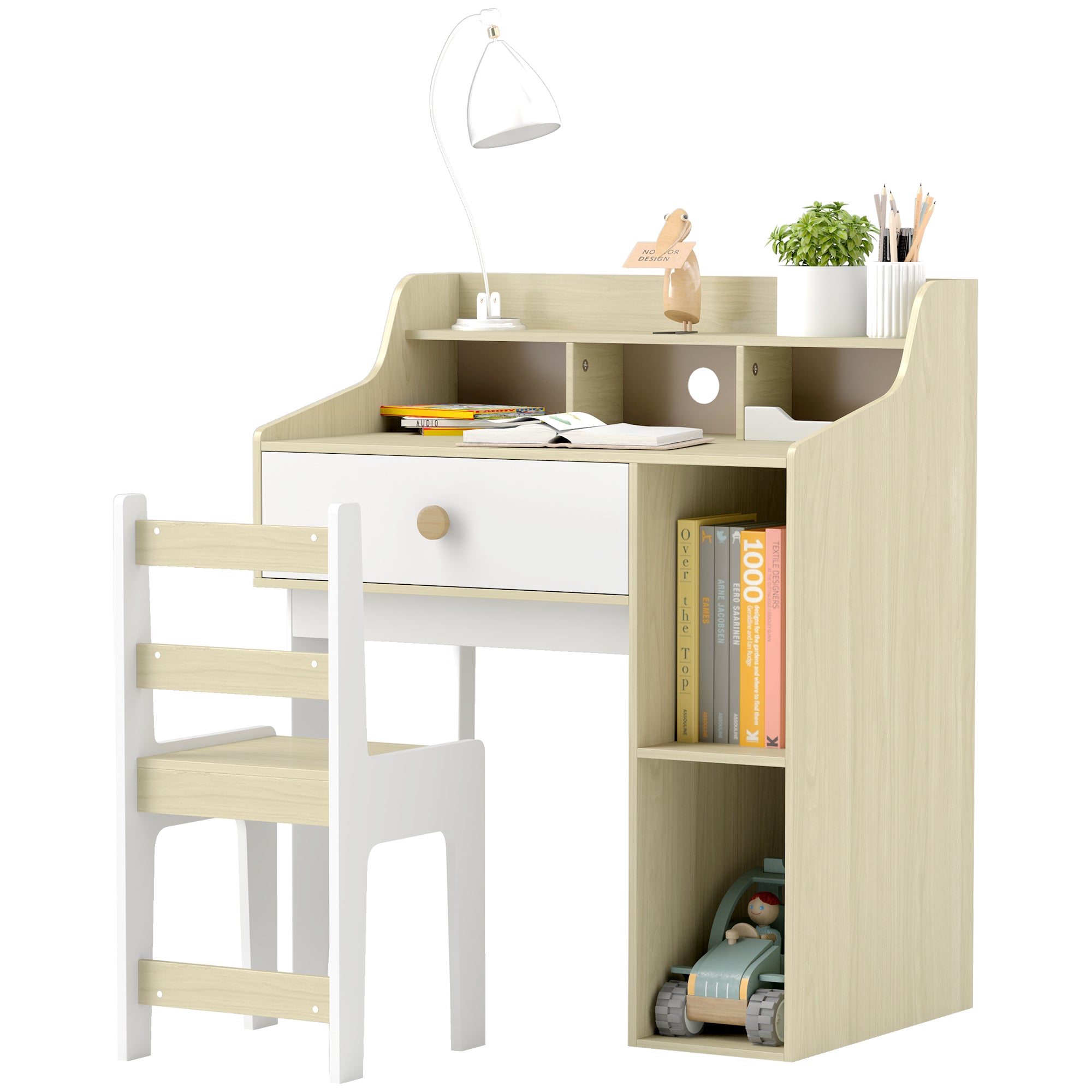 Kids Desk and Chair Set Wooden with Shelf and Drawer, Ages 3-10 Years, White and Wood