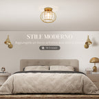 Modern and Minimal LED Cage Ceiling Light with 18 Crystals, Gold Metal, Ø27x19 cm