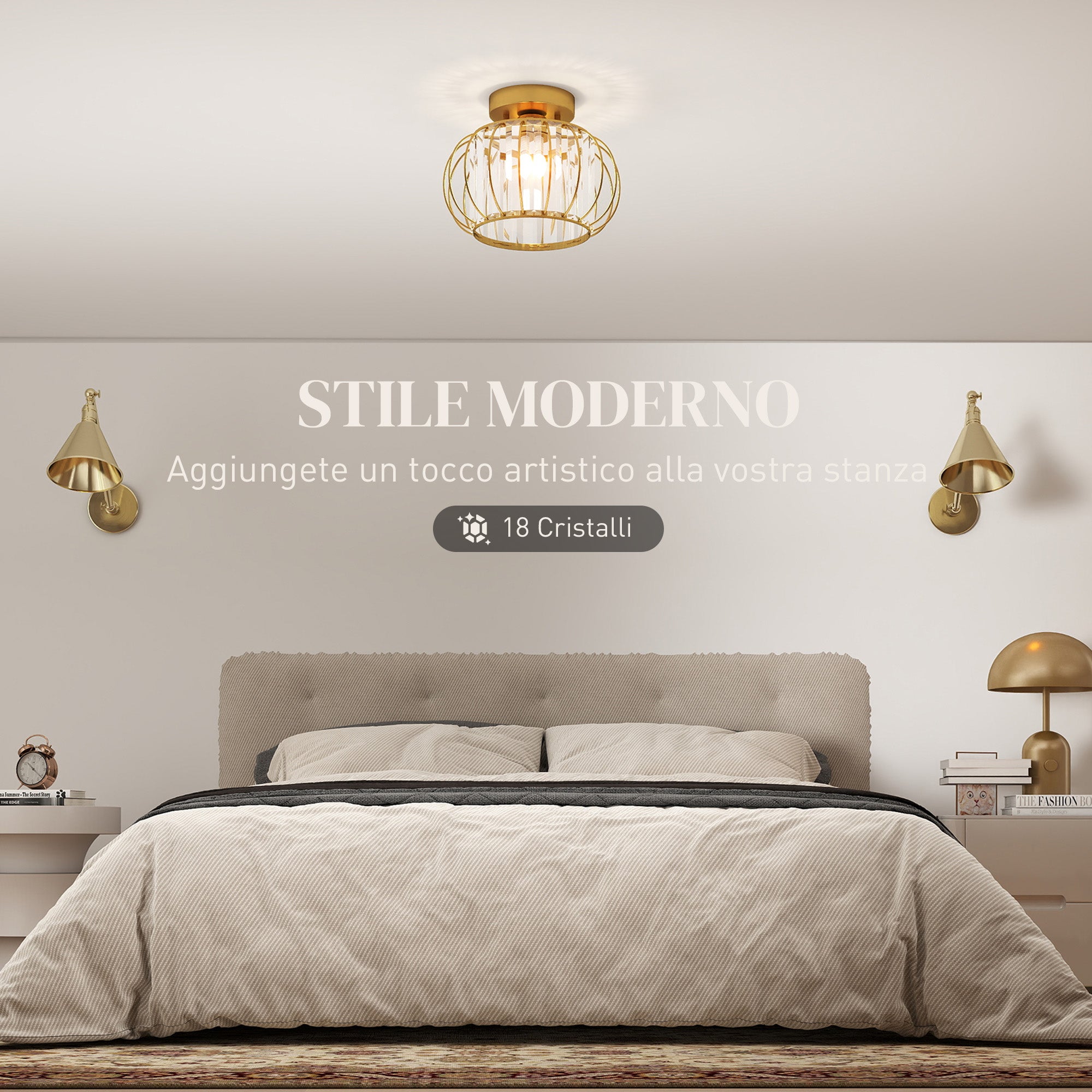 Modern and Minimal LED Cage Ceiling Light with 18 Crystals, Gold Metal, Ø27x19 cm