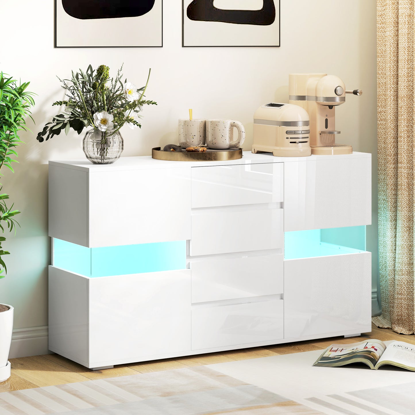 Modern Sideboard with LED Adjustable with Remote Control, 4 Drawers and 2 Cabinets, 120x34x70 cm, White