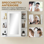 Bathroom Mirror Cabinet with 6 Open and 2 Closed Shelves, 66x17x63 cm Bathroom Cabinet with Mirror, Glass Wall Cabinet, White