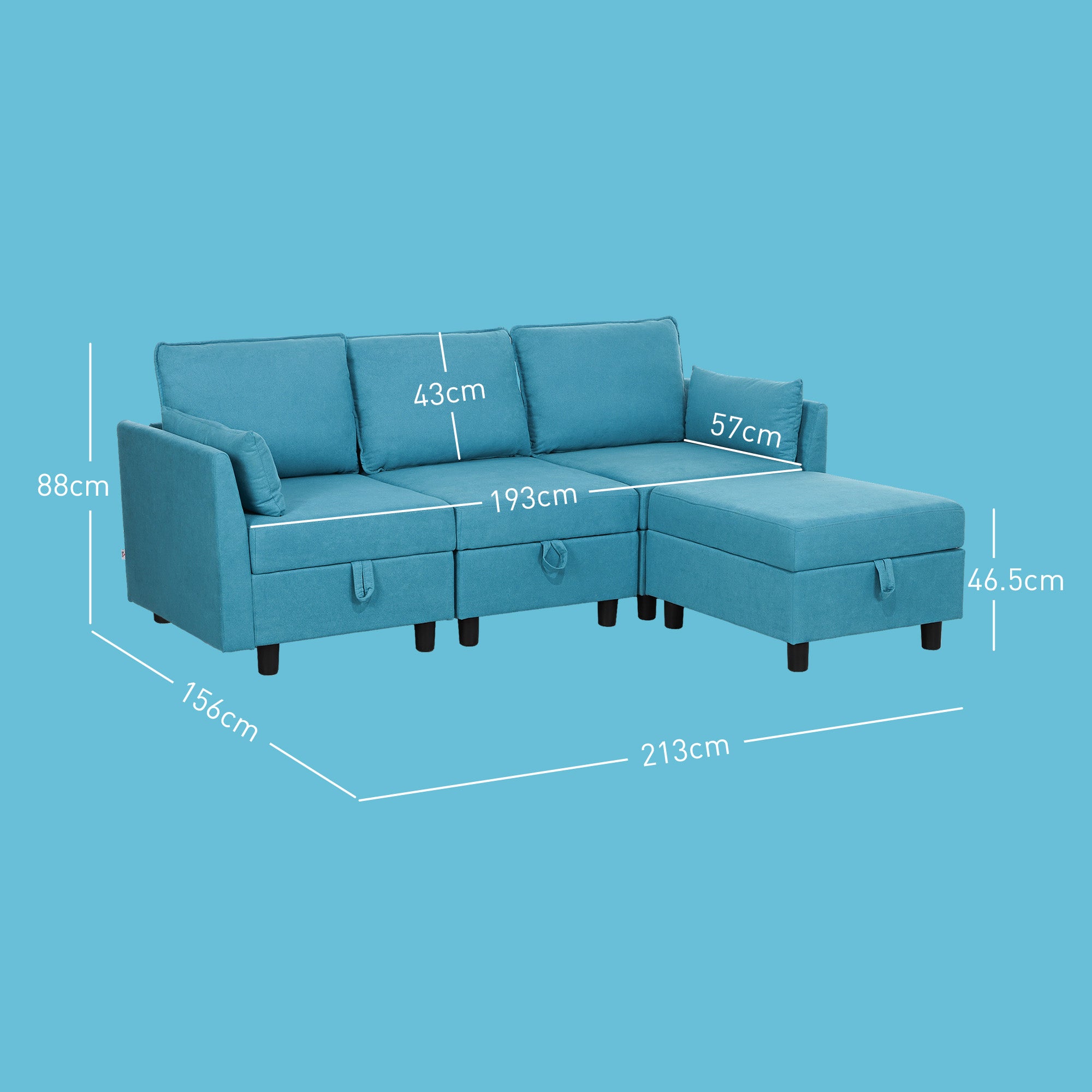 Modern 3 Seater Modular Sectional Sofa with Footrest and Cushions, Flannel Upholstery, Blue