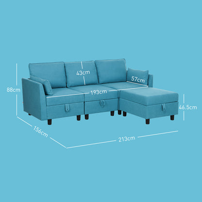 Modern 3 Seater Modular Sectional Sofa with Footrest and Cushions, Flannel Upholstery, Blue