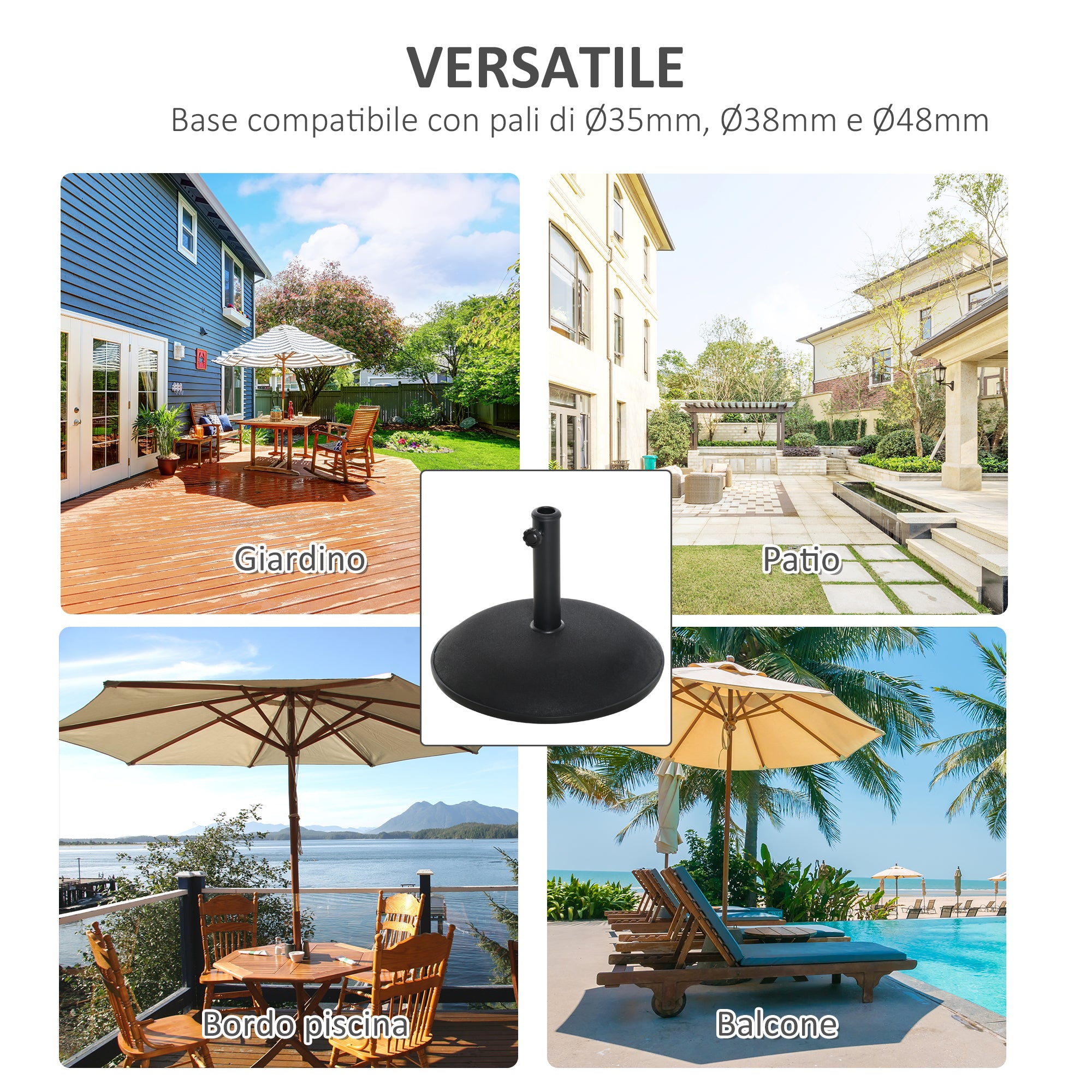 Outsunny Concrete Garden Umbrella Base with Ø35mm, Ø38mm, Ø48mm Pole, Black Ø49x37 cm