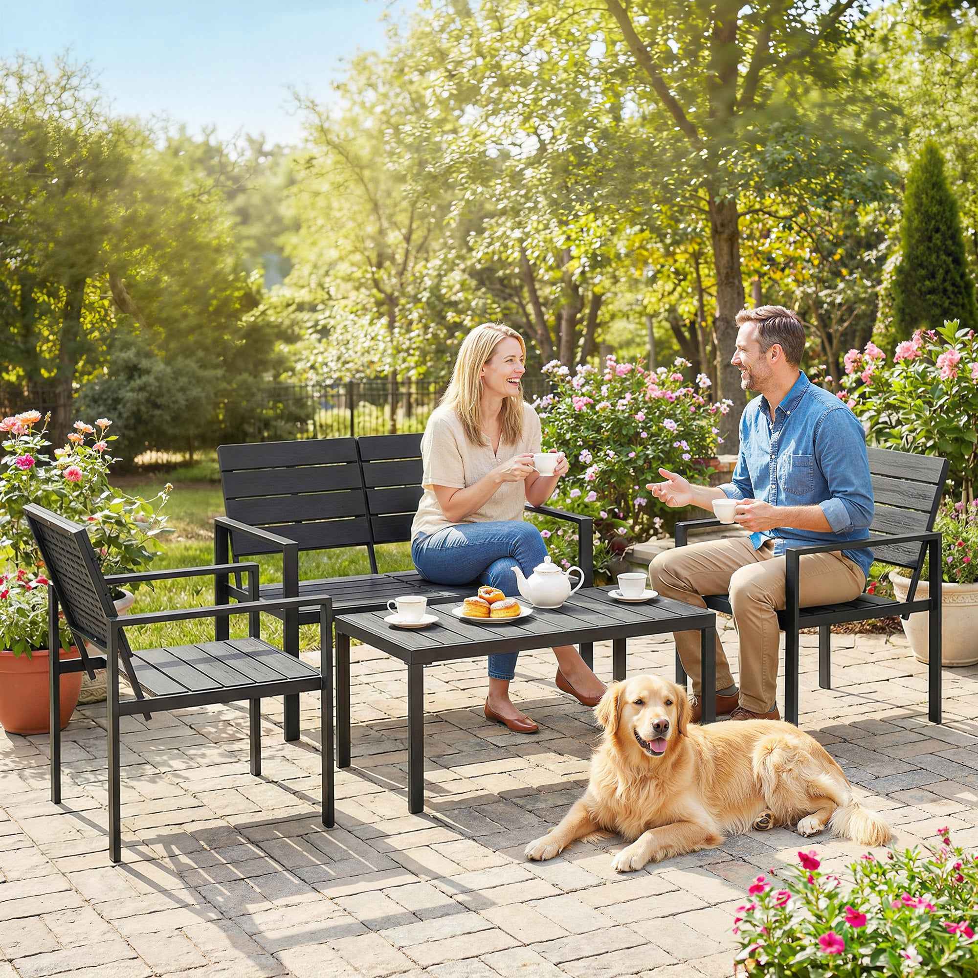 Outsunny 4-Piece Garden Lounge Set with Coffee Table, 2-Seater Sofa, and 2 Chairs, in HDPE and Black Metal