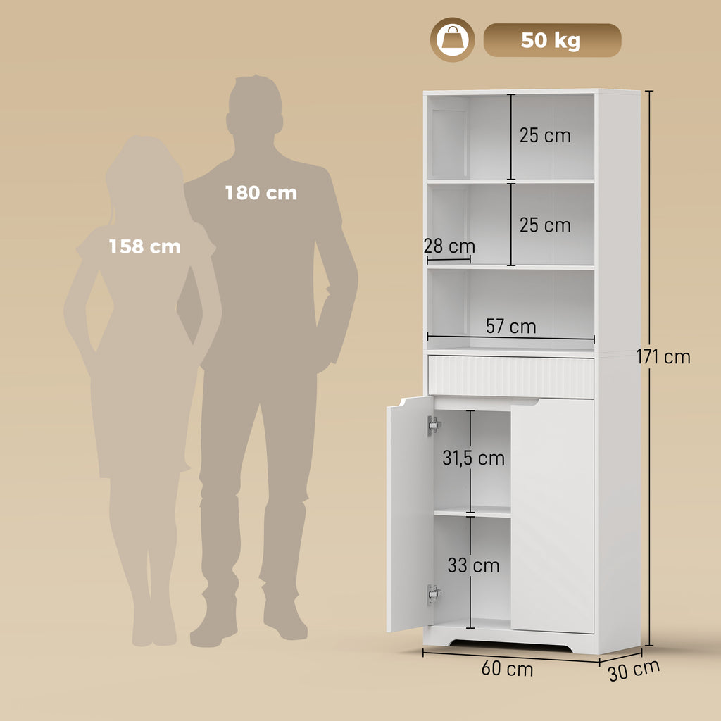HOMCOM Tall Bathroom Cabinet, Narrow Cabinet with 3 Open Shelves and Drawer, Wooden, 60x30x171 cm, White