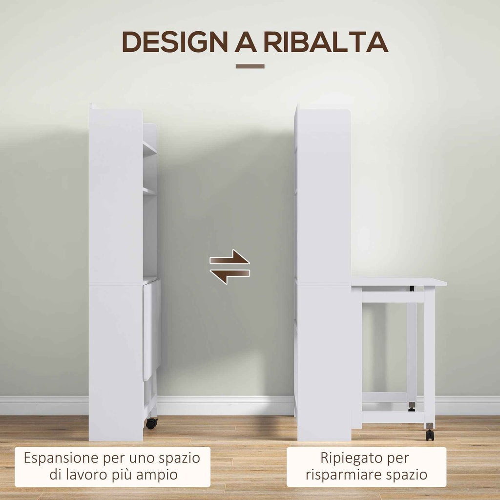 Folding Desk with 4-Tier Bookcase, 2 Wheels and Cable Hole, 80x69x155 cm, White