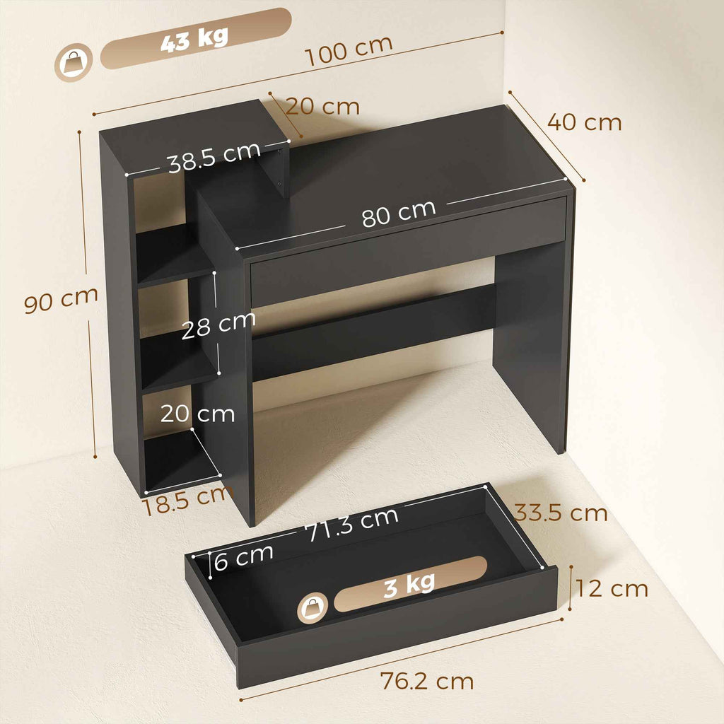 HOMCOM Modern PC Desk with 3 Open Shelves and Drawer, Black Wood, 100x40x90 cm
