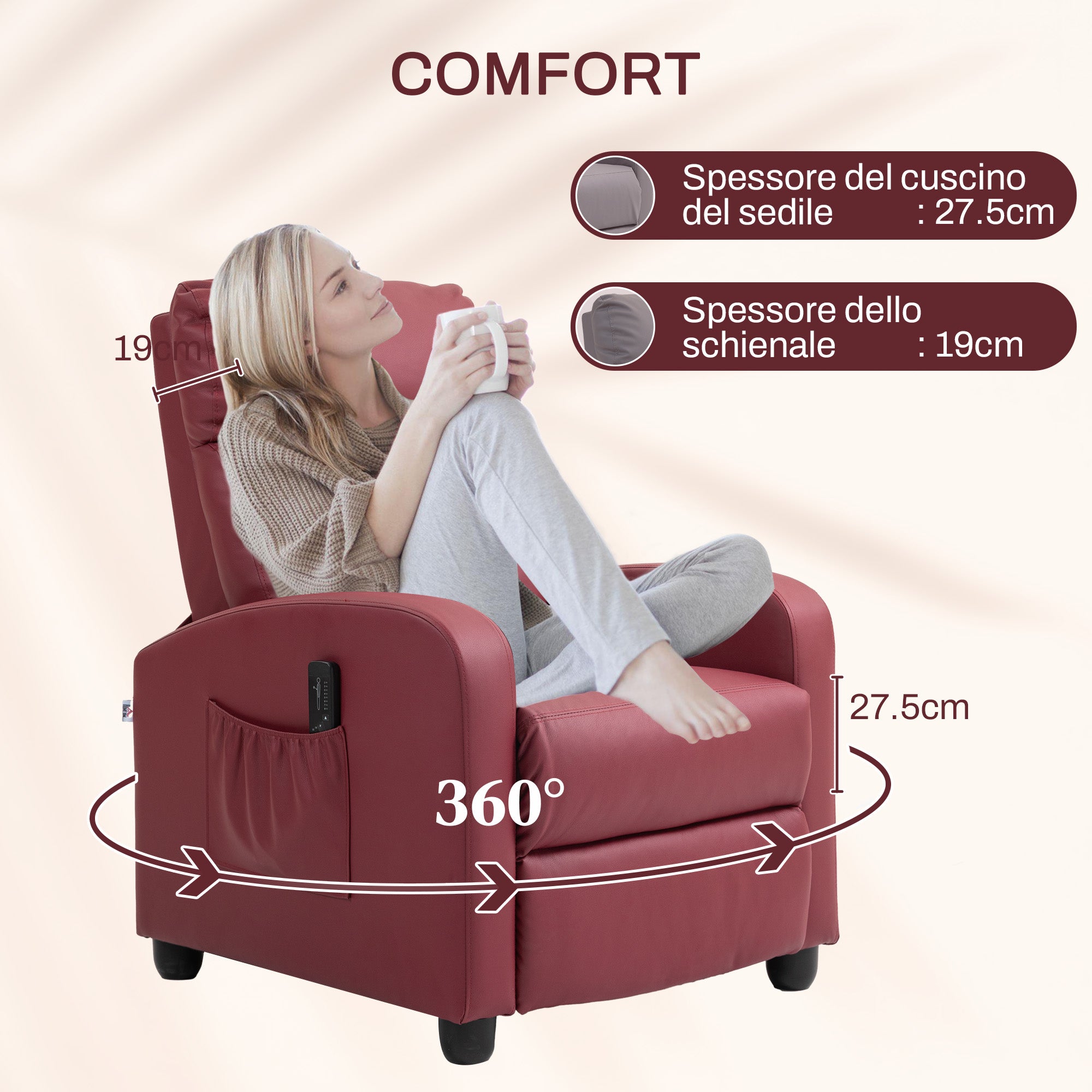 Massage Relax Chair with Remote Control and 8 Programs, Reclining and Footrest, Red