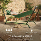 Outsunny Garden Hammock with Stand, Side Pocket and Headrest, Metal and Polyester, 237x90x92 cm, Dark Green