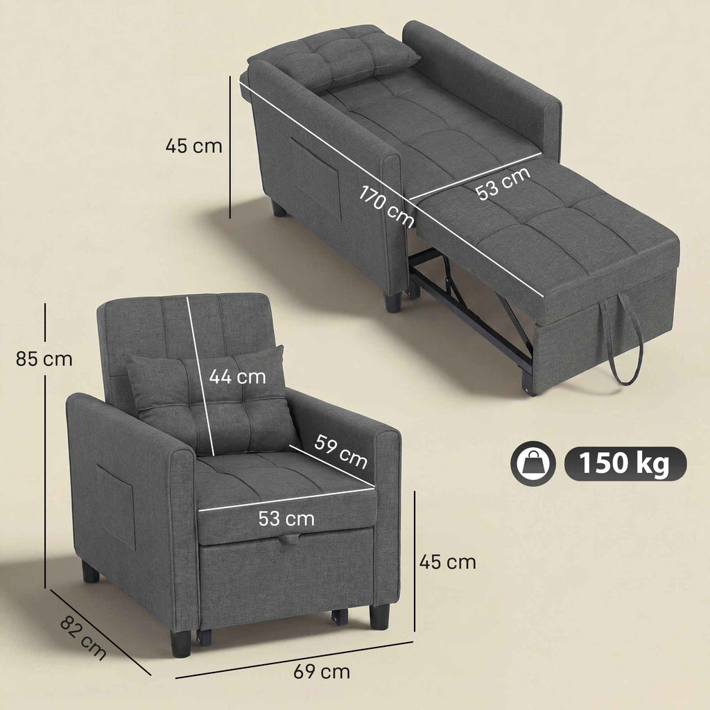 HOMCOM 3-in-1 Single Sofa Bed in Linen-Effect Fabric and Wood with Reclining Backrest, 69x82x85 cm, Grey