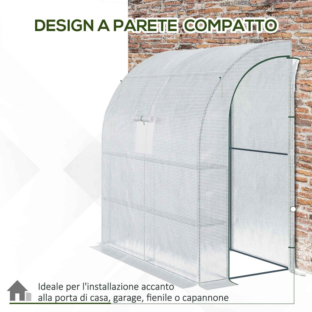 Outsunny 3-Tier Lean-To Greenhouse with Roll-Up Doors and Windows, PE and Steel, 200x100x215 cm, Green and White