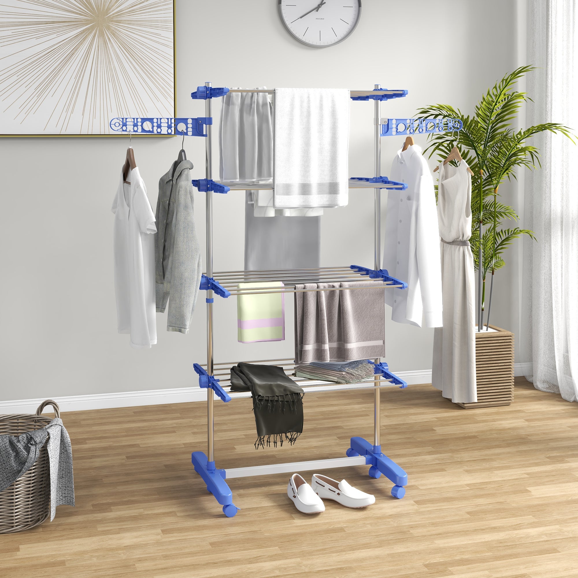 HOMCOM Vertical Drying Rack with 4 Adjustable Shelves, in Steel and Plastic, 142x55x172 cm, Blue and Silver - Borgè