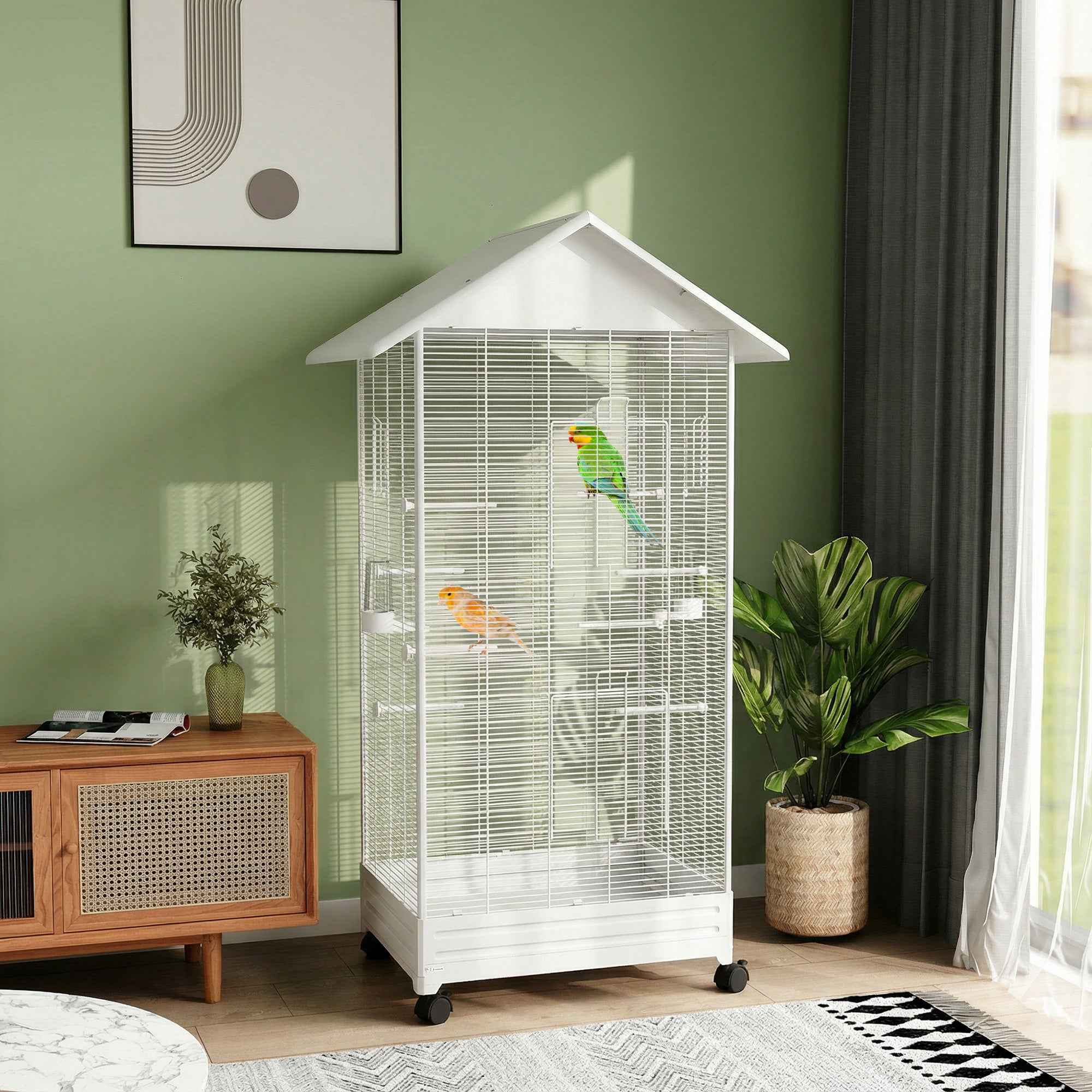 PawHut Wheeled Bird Aviary with Removable Tray, Perches and Feeders, Steel, 79x65x155 cm, White